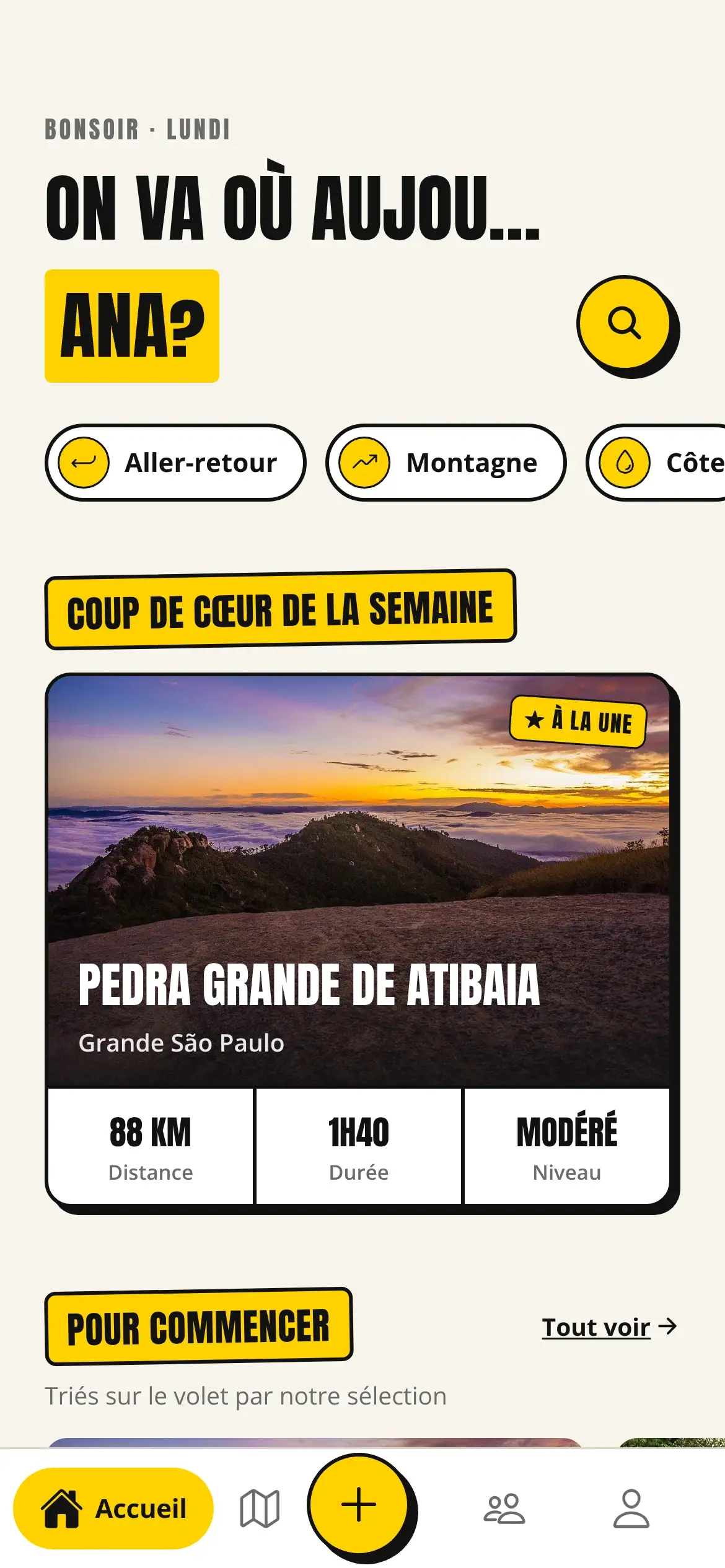 Écran d’accueil de Matilha : « On va où aujourd’hui ? », des raccourcis par style de sortie et l’itinéraire de la semaine, Pedra Grande de Atibaia.