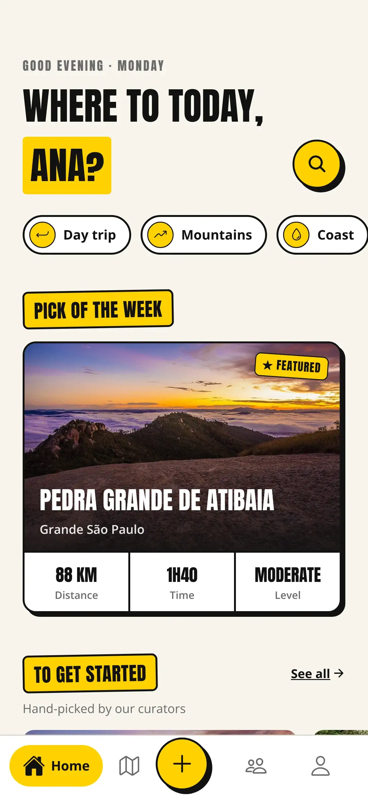 Matilha home screen: “Where to today?”, shortcuts by riding style and the pick of the week, Pedra Grande de Atibaia.