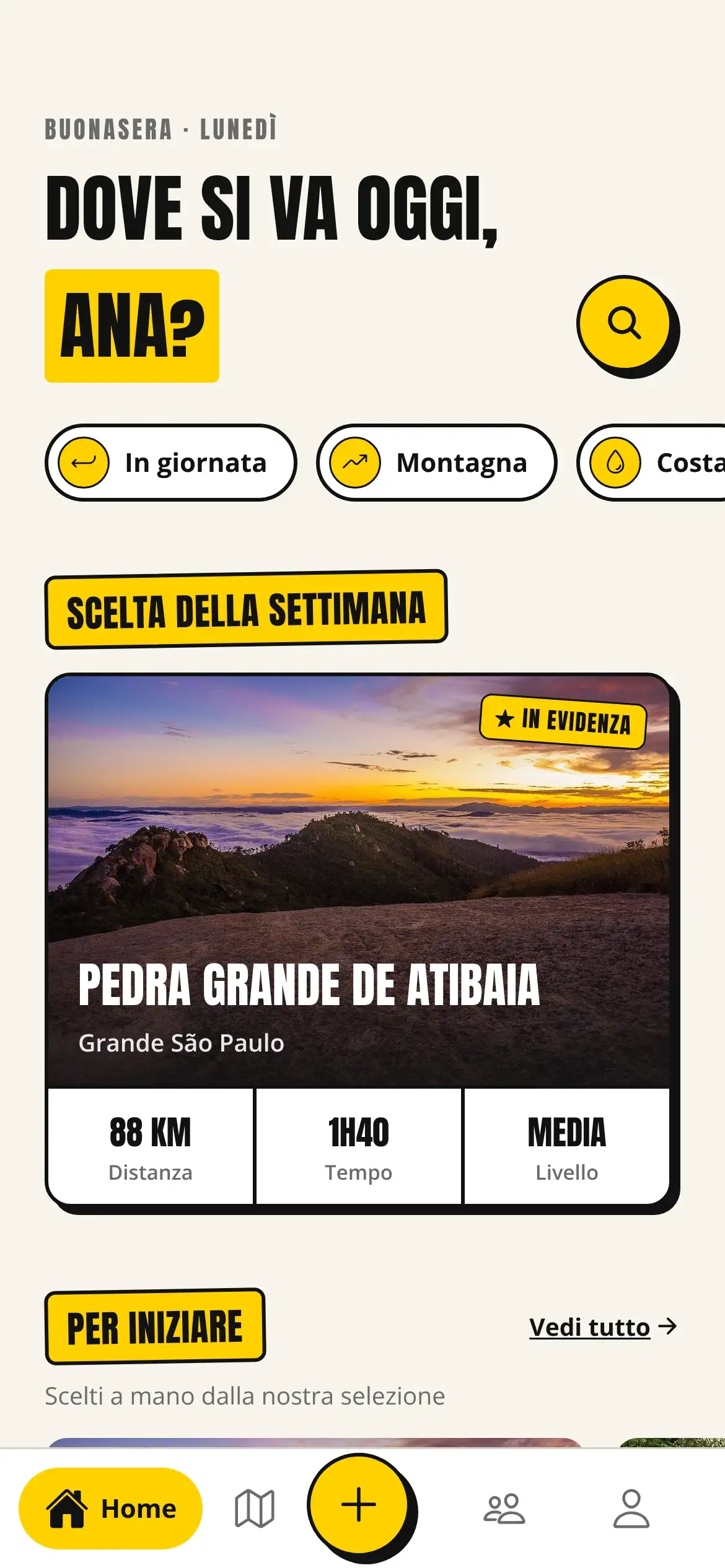 Schermata iniziale di Matilha: “Dove si va oggi?”, scorciatoie per stile di giro e il percorso della settimana, Pedra Grande de Atibaia.
