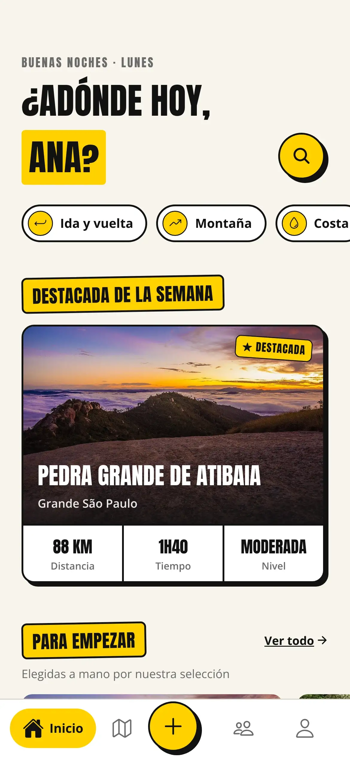 Pantalla de inicio de Matilha: “¿Adónde hoy?”, accesos por estilo de rodada y la ruta destacada de la semana, Pedra Grande de Atibaia.