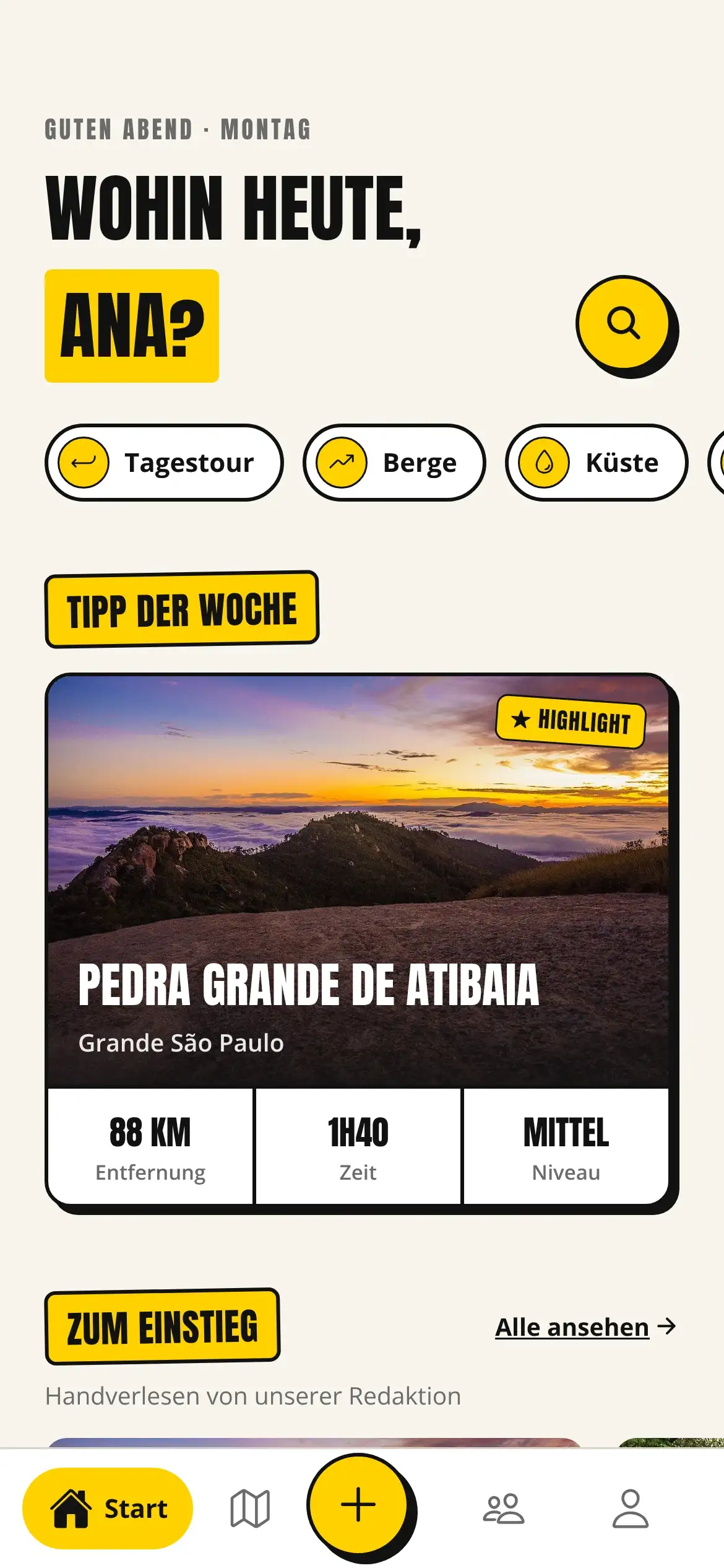 Startbildschirm von Matilha: „Wohin heute?“, Abkürzungen nach Fahrstil und die Route der Woche, Pedra Grande de Atibaia.