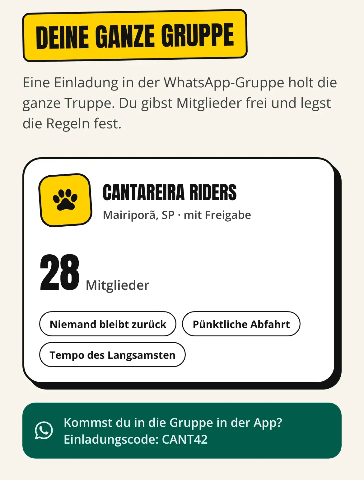 App-Bildschirm mit einer Motorradgruppe, ihren Mitgliedern, den Gruppenregeln und dem Einladungscode.