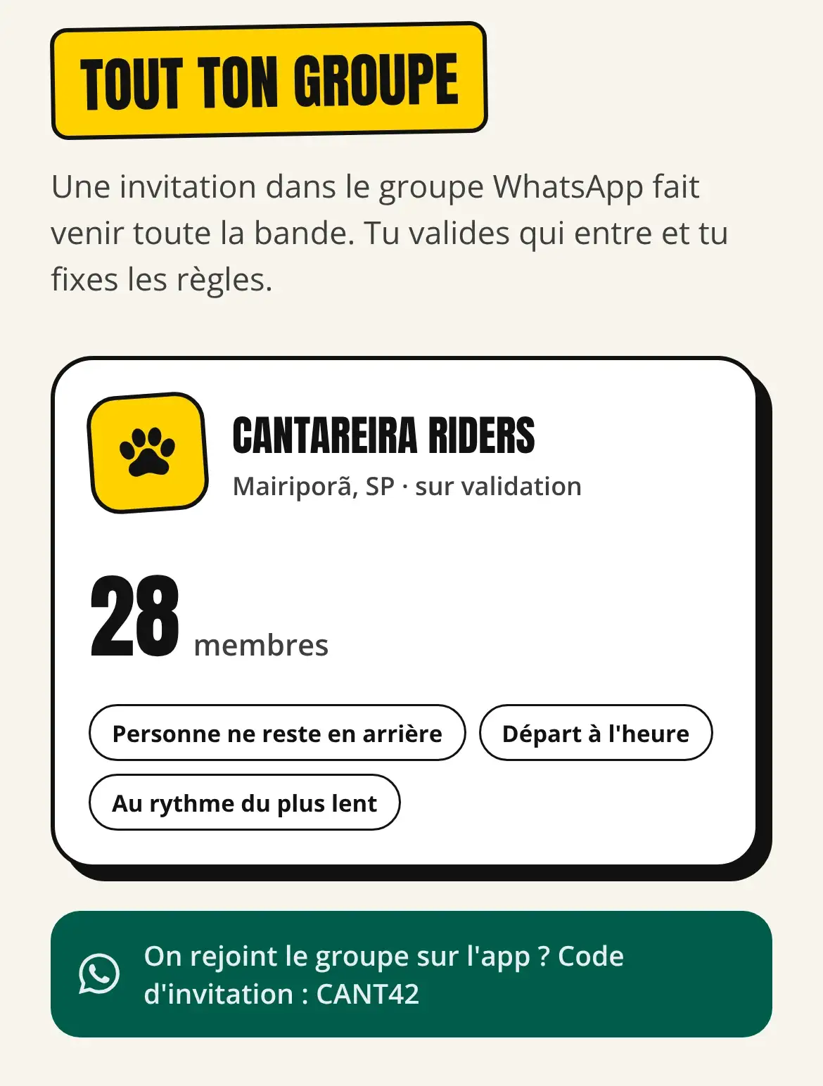 Écran de l’appli avec un groupe de motards, ses membres, les règles du groupe et le code d’invitation.