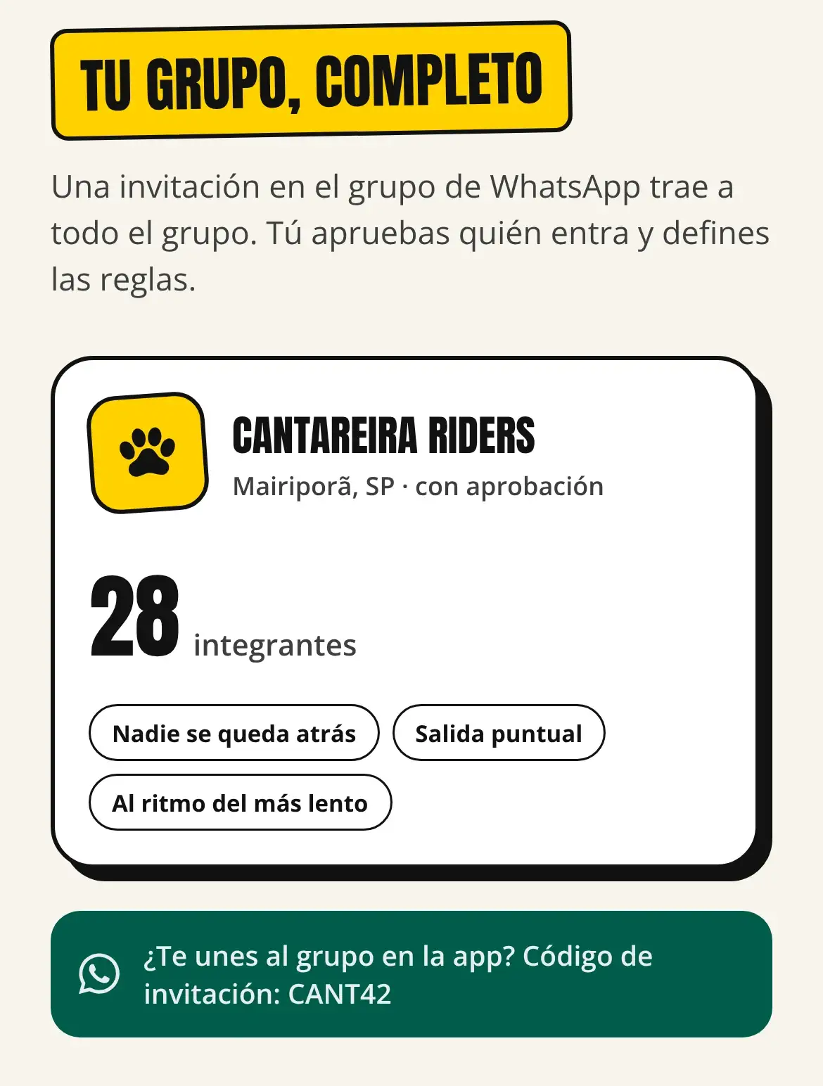 Pantalla de la app con un grupo de motociclistas, sus miembros, las reglas del grupo y el código de invitación.