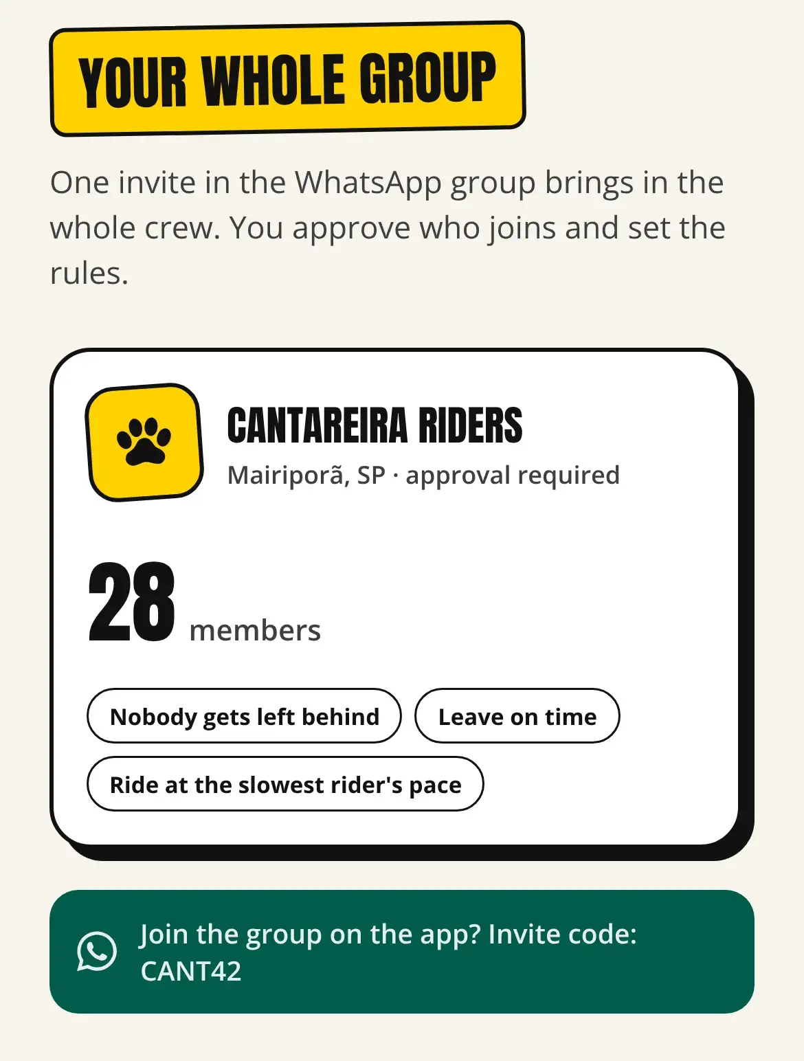 App screen showing a riding group, its members, the group rules and the invite code.
