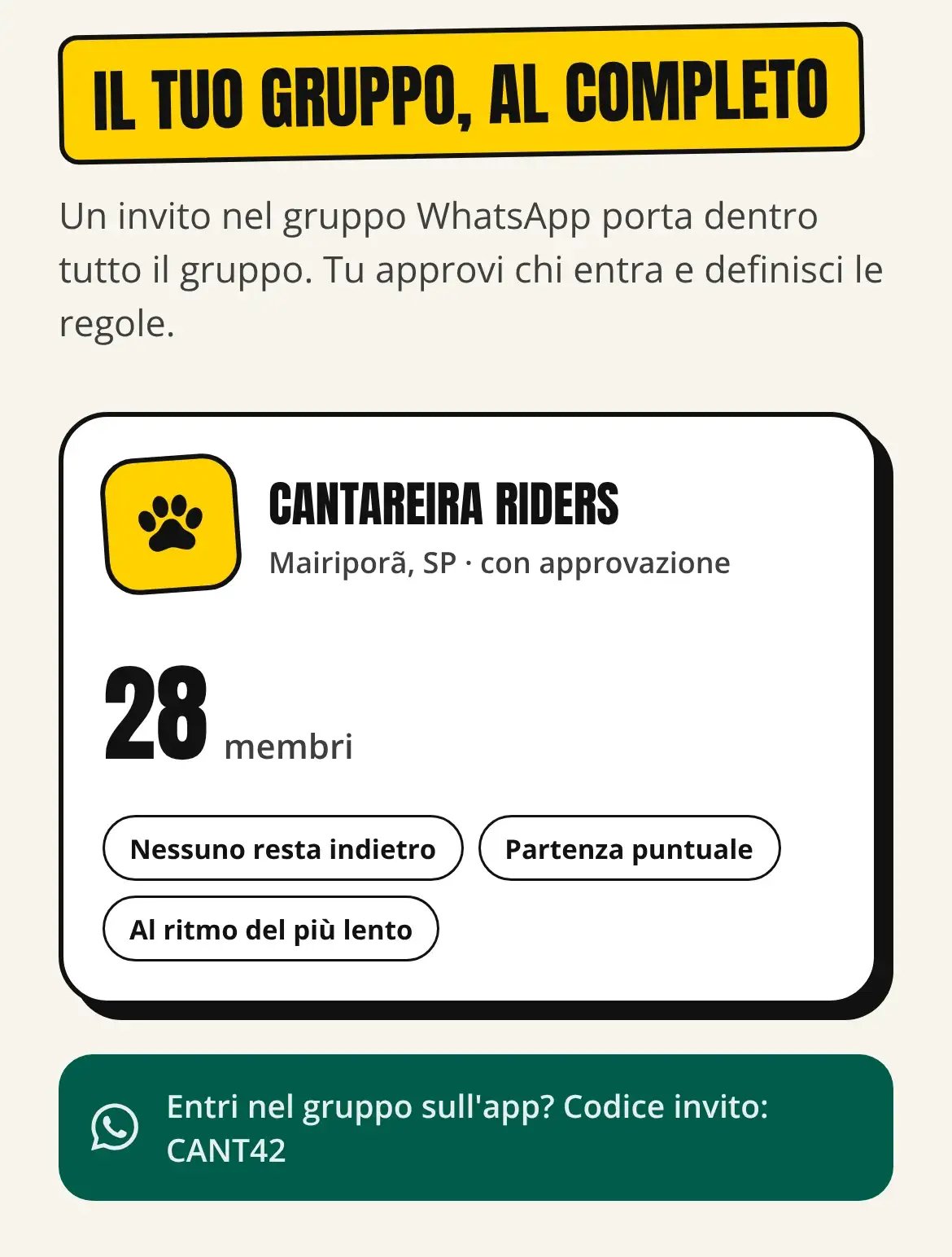 Schermata dell’app con un gruppo di motociclisti, i suoi membri, le regole del gruppo e il codice di invito.