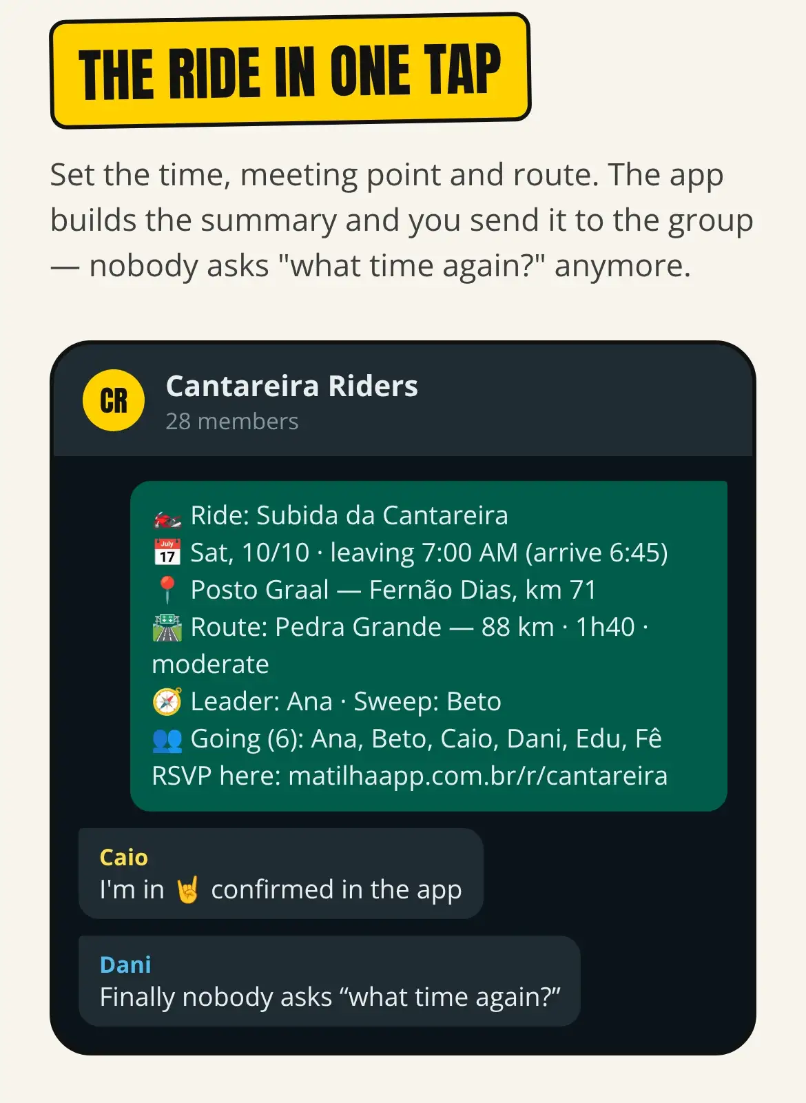 App screen showing a ride summary sent to a WhatsApp group: departure, meeting point, route, leader, sweep and who is going.