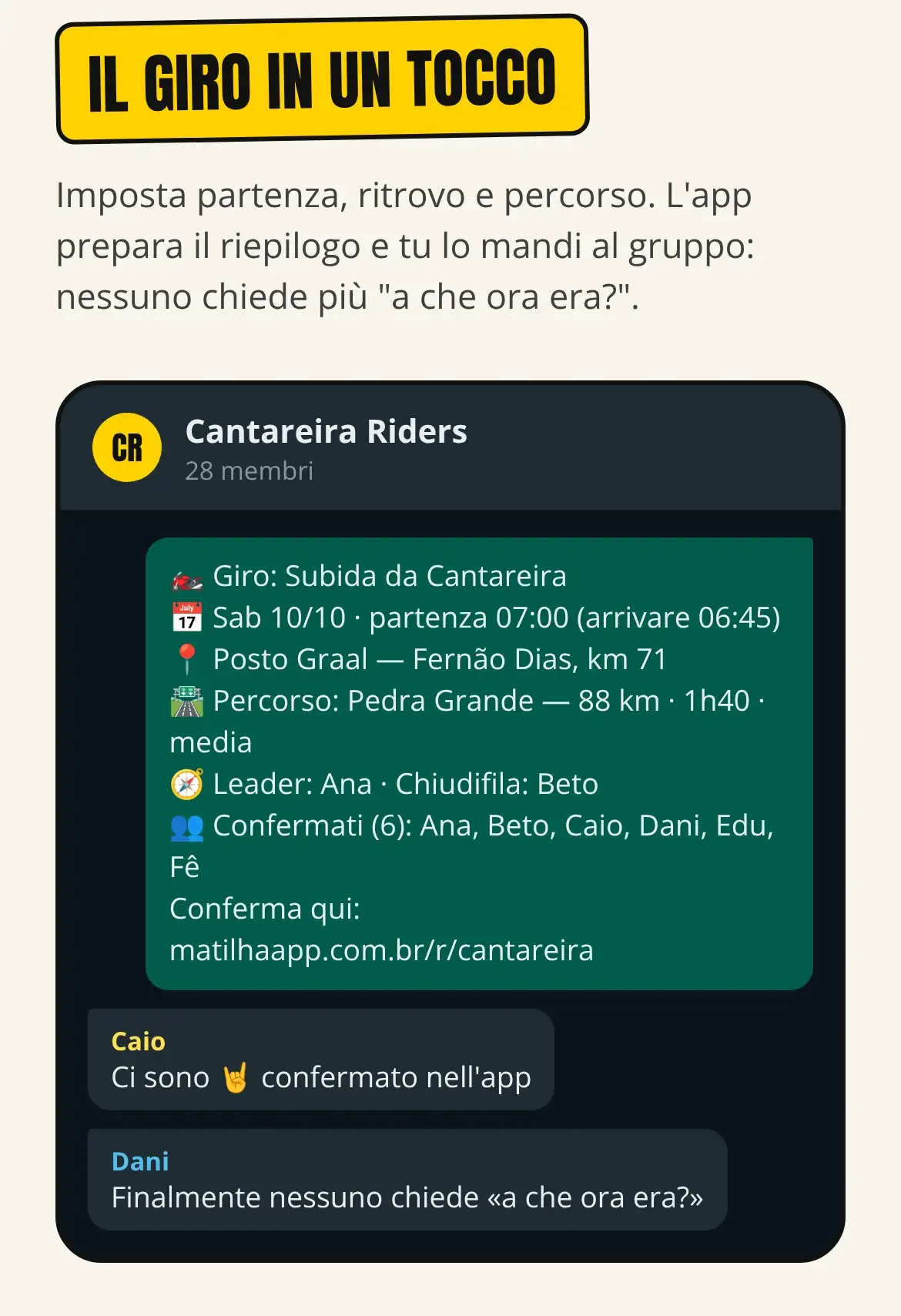 Schermata dell’app con il riepilogo di un giro inviato a un gruppo WhatsApp: partenza, ritrovo, percorso, leader, chiudifila e partecipanti.
