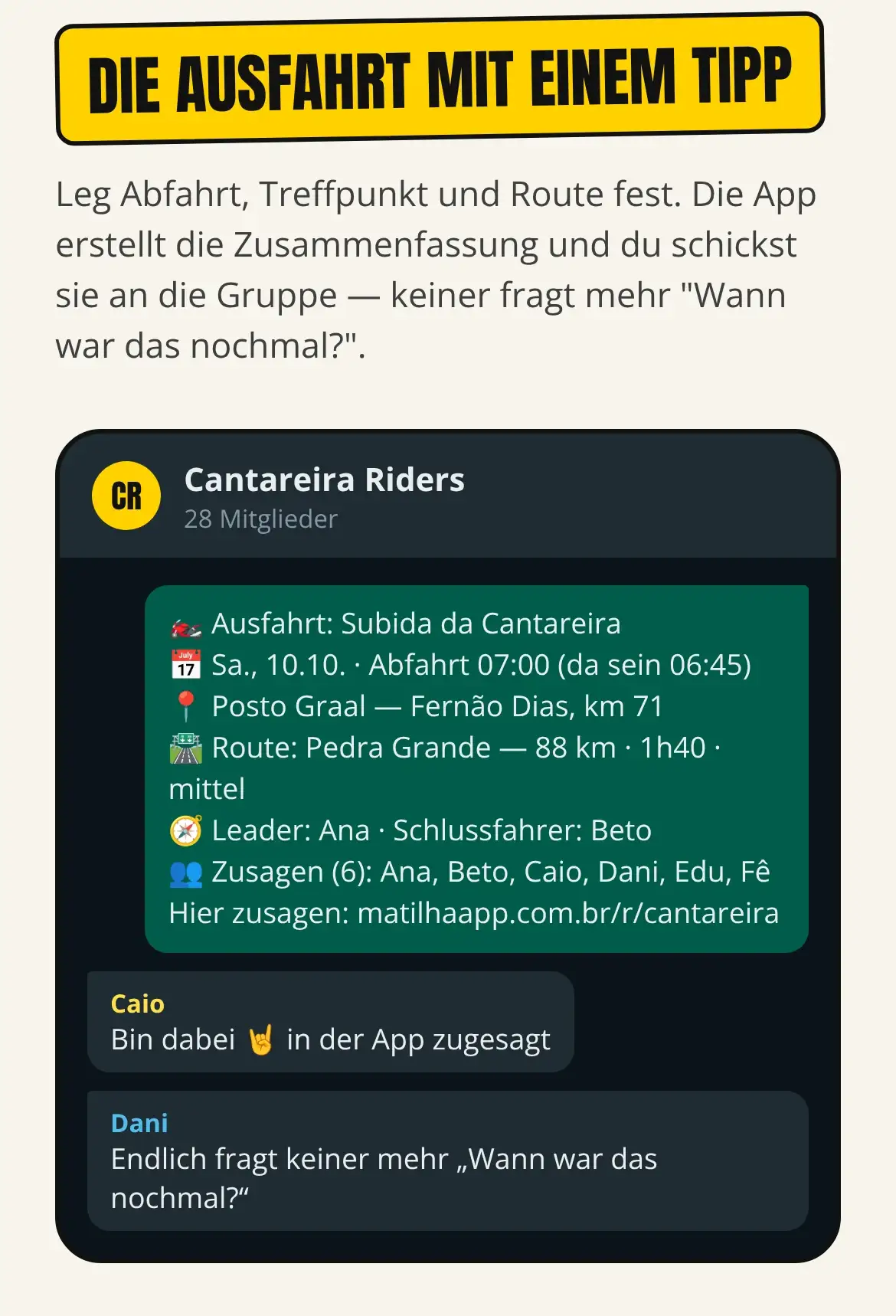App-Bildschirm mit der Zusammenfassung einer Ausfahrt in einer WhatsApp-Gruppe: Abfahrt, Treffpunkt, Route, Leader, Schlussfahrer und Zusagen.