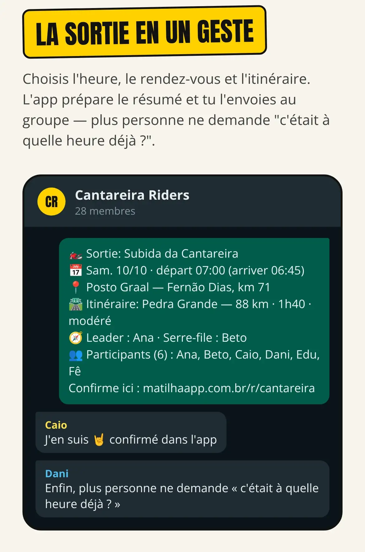 Écran de l’appli montrant le récap d’une sortie envoyé dans un groupe WhatsApp : départ, rendez-vous, itinéraire, leader, serre-file et participants.