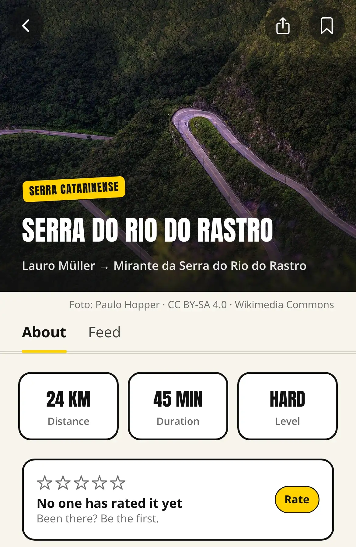 Route screen for Serra do Rio do Rastro in the app: a photo of the road, 24 km, 45 minutes, hard.