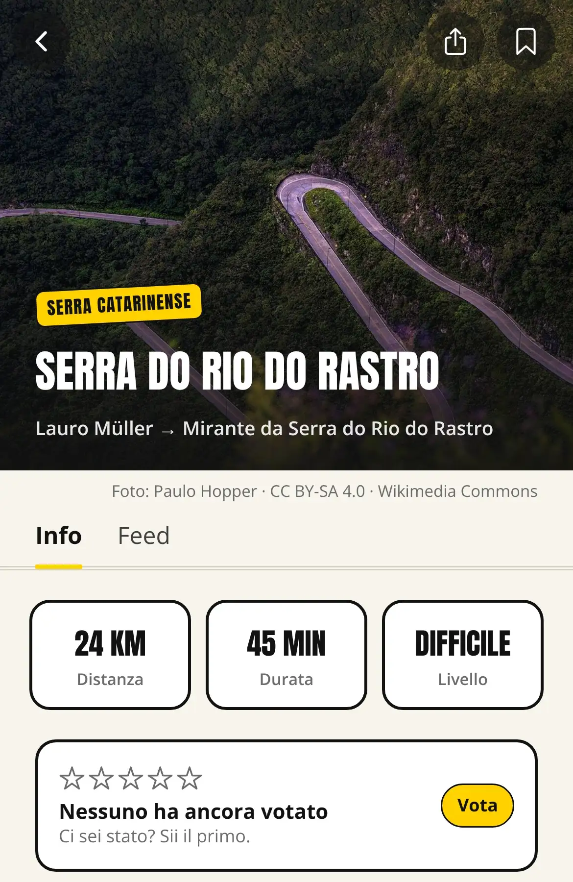 Schermata del percorso Serra do Rio do Rastro nell’app: foto della strada, 24 km, 45 minuti, livello difficile.