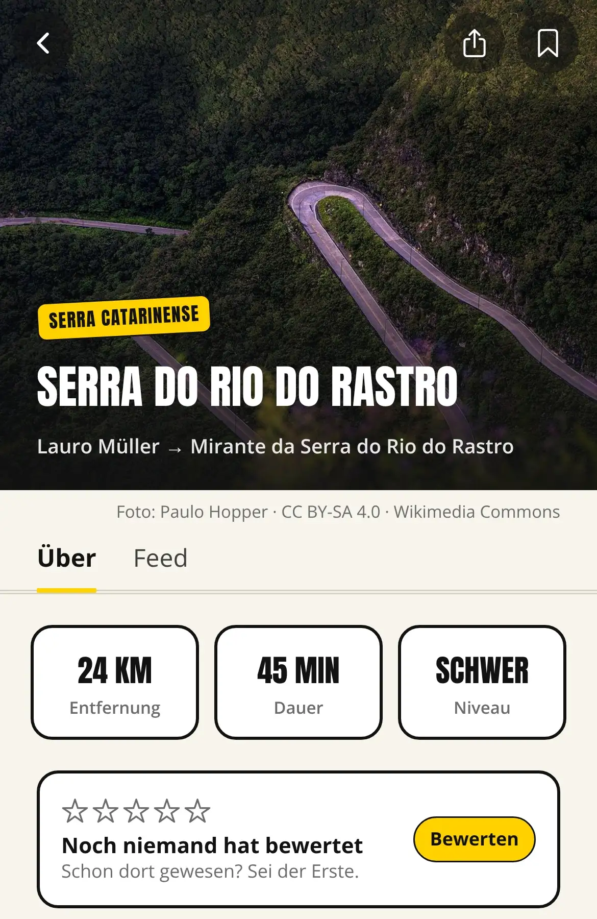 Routenansicht der Serra do Rio do Rastro in der App: Foto der Straße, 24 km, 45 Minuten, schwer.